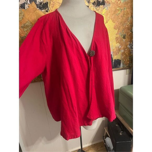 Vintage The Paragon Bright Red A-Line Cotton Gauze Kimono Topper Plus 1X - Picture 1 of 6